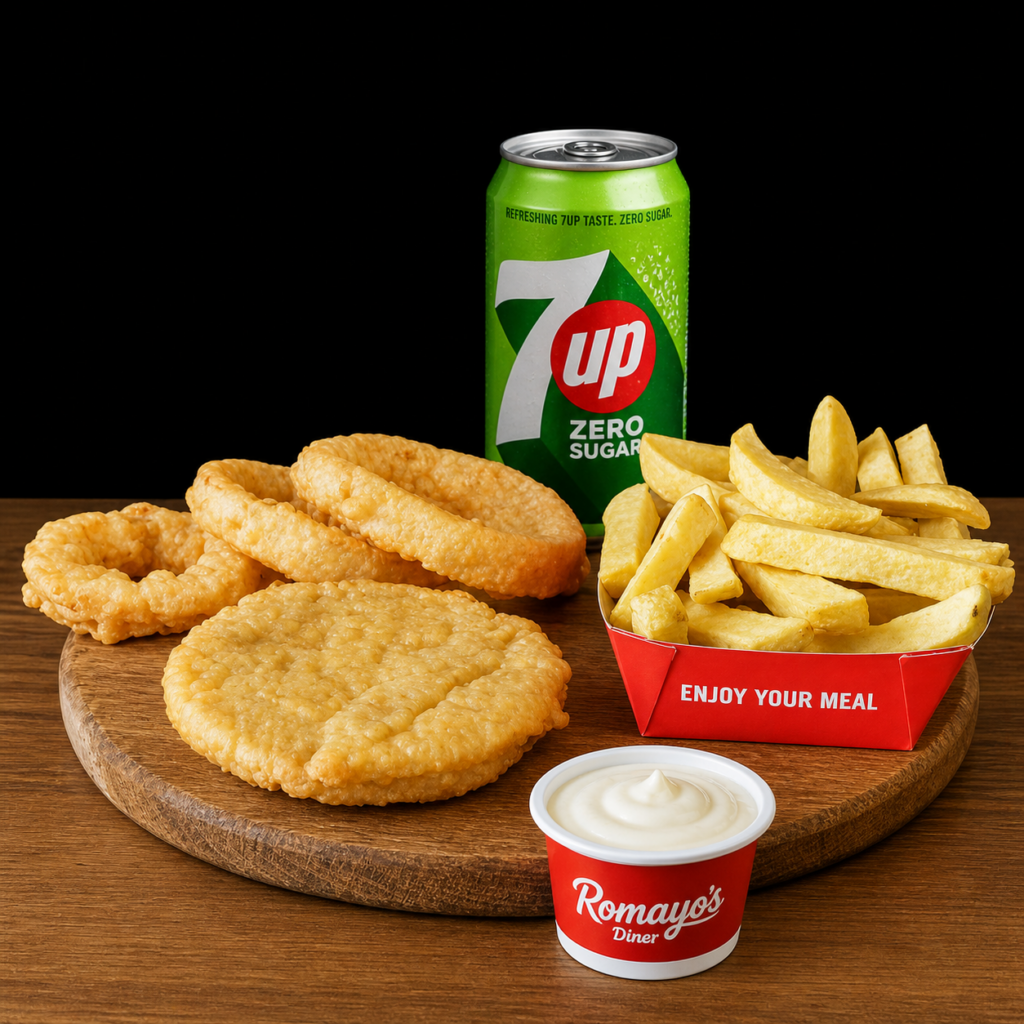 Home battered burger meal