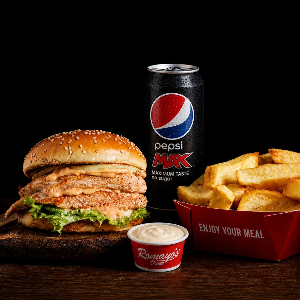 Home grilled chicken fillet burger meal