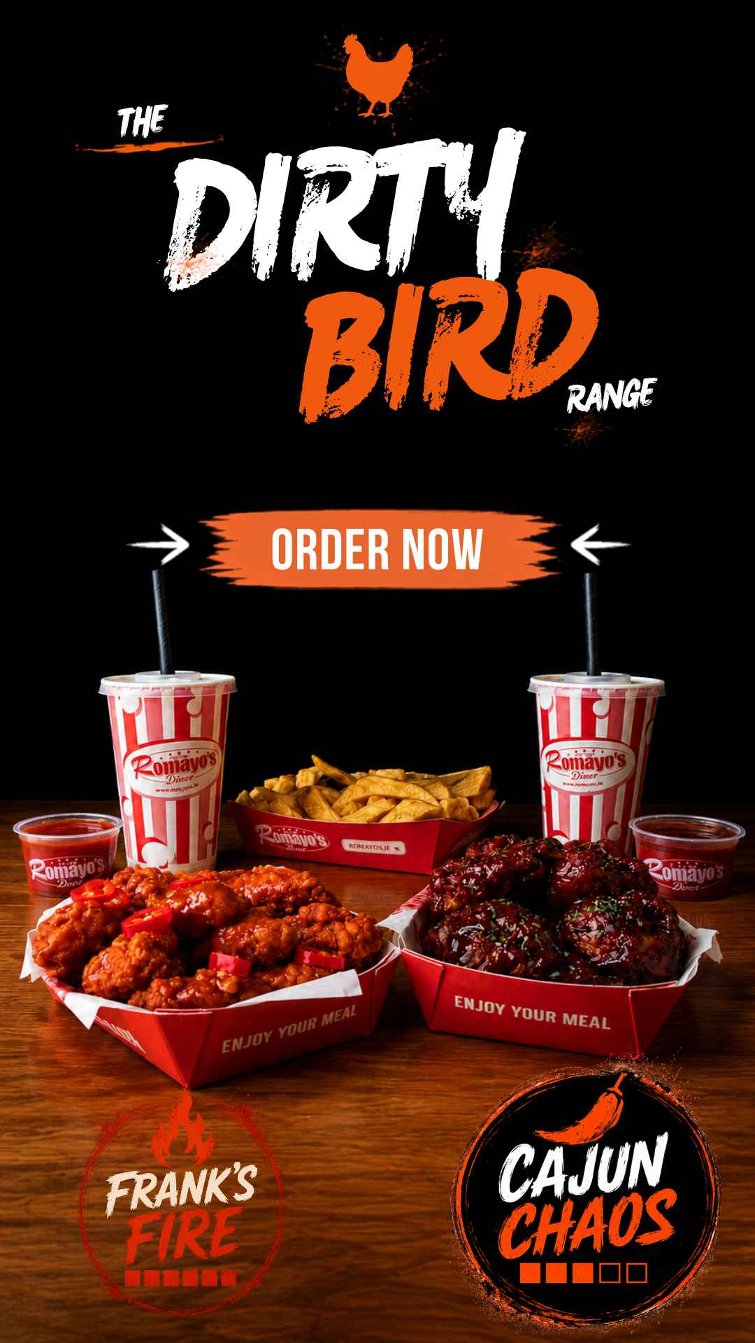 The Dirty Bird Range with fried chicken, ribs, and fries at Romayo's.